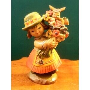 Vintage Juan Ferrandiz ANRI Flower Girl & Rabbit Carved Wooden Figurine 3.5"